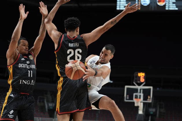 Basketball, Israel, Germany, RÄ«ga, Latvia, 03.07.2026, basketball Ethan Burg of Israel and Michael Rataj and Nelson Weidemann of Germany in action during FIBA 2027 World Cup European qualifiers Group A game between Israel and Germany national basketball teams In Riga, Latvia, 03.07.2026. Photo: Roman Koksarov (RKF) Riga Latvia Copyright: xRomanxKoksarovx basketISR-GER20260703rk394.JPG