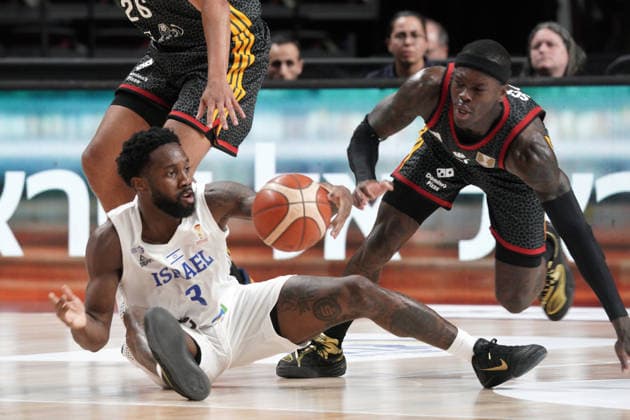 Basketball, Israel, Germany, RÄ«ga, Latvia, 03.07.2026, basketball Khadeen Carrington of Israel and Dennis Schroder of Germany in action during FIBA 2027 World Cup European qualifiers Group A game between Israel and Germany national basketball teams In Riga, Latvia, 03.07.2026. Photo: Roman Koksarov (RKF) Riga Latvia Copyright: xRomanxKoksarovx basketISR-GER20260703rk684.JPG