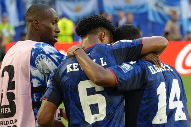 Deroy Duarte (R) and Kevin Pina (C) of Cape Verde celebrate a goal during a round of 32 match of the 2026 FIFA World Cup, WM, Weltmeisterschaft, Fussball between Argentina and Cape Verde at Hard Rock Stadium in Miami, USA, 03 July 2026. FIFA World Cup 2026: Argentina - Cape Verde !ACHTUNG: NUR REDAKTIONELLE NUTZUNG!  Copyright: xAlbertoxBoalx GR6054 20260704-55020794384_1