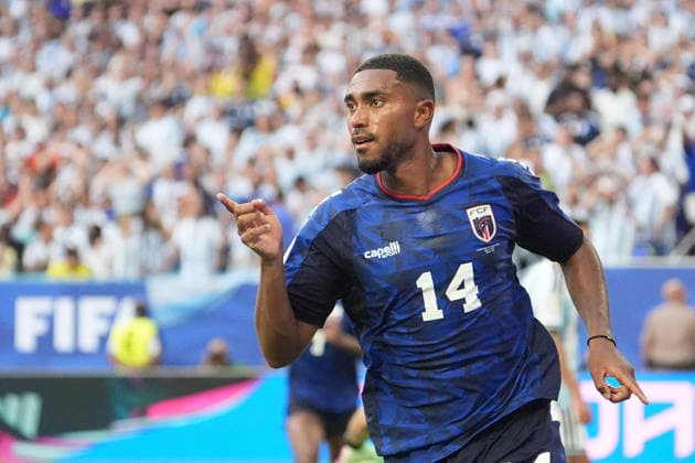 Deroy Duarte of Cape Verde celebrates a goal during a round of 32 match of the 2026 FIFA World Cup, WM, Weltmeisterschaft, Fussball between Argentina and Cape Verde at Hard Rock Stadium in Miami, USA, 03 July 2026. FIFA World Cup 2026: Argentina - Cape Verde !ACHTUNG: NUR REDAKTIONELLE NUTZUNG!  Copyright: xAlbertoxBoalx GR6049 20260704-55020794385_1