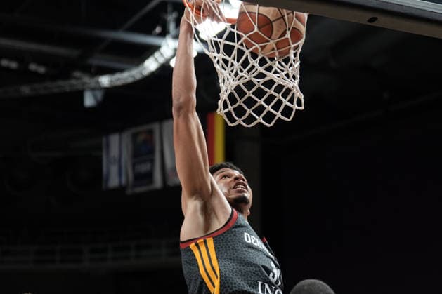 Basketball, Israel, Germany, RÄ«ga, Latvia, 03.07.2026, basketball Sananda Fru of Germany in action during FIBA 2027 World Cup European qualifiers Group A game between Israel and Germany national basketball teams In Riga, Latvia, 03.07.2026. Photo: Roman Koksarov (RKF) Riga Latvia Copyright: xRomanxKoksarovx basketISR-GER20260703rk521.JPG