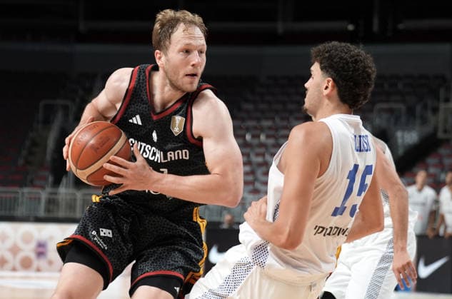 Basketball, Israel, Germany, RÄ«ga, Latvia, 03.07.2026, basketball Kay Bruhnke of Germany and Ilay Dolinski of Israel in action during FIBA 2027 World Cup European qualifiers Group A game between Israel and Germany national basketball teams In Riga, Latvia, 03.07.2026. Photo: Roman Koksarov (RKF) Riga Latvia Copyright: xRomanxKoksarovx basketISR-GER20260703rk845.JPG