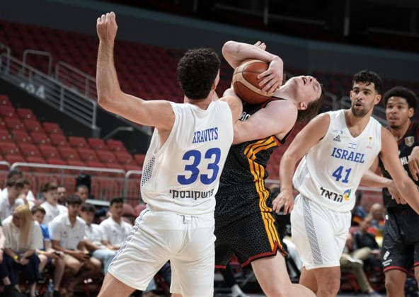 Basketball, Israel, Germany, RÄ«ga, Latvia, 03.07.2026, basketball Simonas Lukosius of Germany and Yair Kravits of Israel in action during FIBA 2027 World Cup European qualifiers Group A game between Israel and Germany national basketball teams In Riga, Latvia, 03.07.2026. Photo: Roman Koksarov (RKF) Riga Latvia Copyright: xRomanxKoksarovx basketISR-GER20260703rk1020.JPG