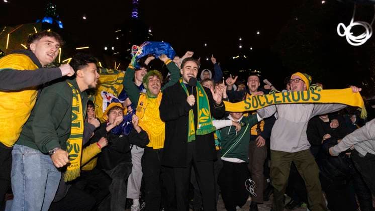 July 4, 2026, Melbourne, Victoria, Australia: Australian Socceroos fans celebrate during a public viewing of the Australia vs Egypt FIFA World Cup, WM, Weltmeisterschaft, Fussball Round of 32 match at Federation Square, Melbourne FIFA World Cup Watch Party In Melbourne, Australia  - ZUMAs387 20260704_zip_s387_004 Copyright: xJoshxStanyerx