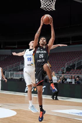 Basketball, Israel, Germany, RÄ«ga, Latvia, 03.07.2026, basketball Michael Rataj of Germany and Guy Palatin of Israel in action during FIBA 2027 World Cup European qualifiers Group A game between Israel and Germany national basketball teams In Riga, Latvia, 03.07.2026. Photo: Roman Koksarov (RKF) Riga Latvia Copyright: xRomanxKoksarovx basketISR-GER20260703rk932.JPG