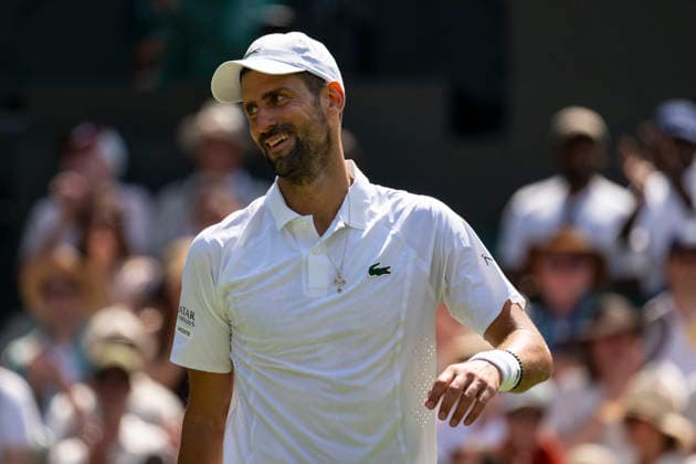 (260704) -- LONDON, July 4, 2026 -- Novak Djokovic of Serbia reacts during the men s singles third round match against Arthur Rinderknech of France at the Wimbledon Tennis Championships in London, Britain, on July 3, 2026. (Photo by Xinhua) (SP)BRITAIN-LONDON-TENNIS-WIMBLEDON-MEN S SINGLES StephenxChung 