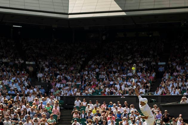 (260704) -- LONDON, July 4, 2026 -- Novak Djokovic of Serbia serves during the men s singles third round match against Arthur Rinderknech of France at the Wimbledon Tennis Championships in London, Britain, on July 3, 2026. (Photo by Xinhua) (SP)BRITAIN-LONDON-TENNIS-WIMBLEDON-MEN S SINGLES StephenxChung 