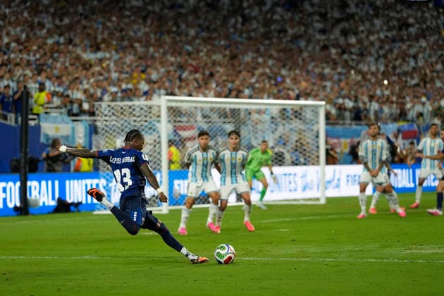 July 3, 2026, Miami Gardens, Florida, USA: Defender Sidny Lopes Cabral (13) of Cape Verde strikes a penalty kick in Overtime during the World Cup Round of 32 match between Argentina and Cape Verde at Miami Stadium. Argentina defeated Cape Verde 3-2. World Cup 2026: Round Of 32: Argentina : Cape Verde  - ZUMAd212 20260703_zsp_d212_001 Copyright: xRichardxDolex