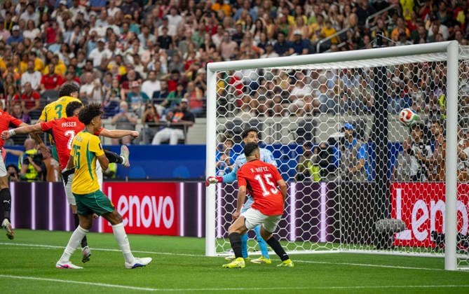 July 3, 2026, Arlington, Texas, USA: Australia making its first goal early I the first half with Egypt player 23 GK MOSTAFA SHOBEIR unable to stop the play Arlington USA - ZUMAm147 20260703_zap_m147_031 Copyright: xHossxMcBainx