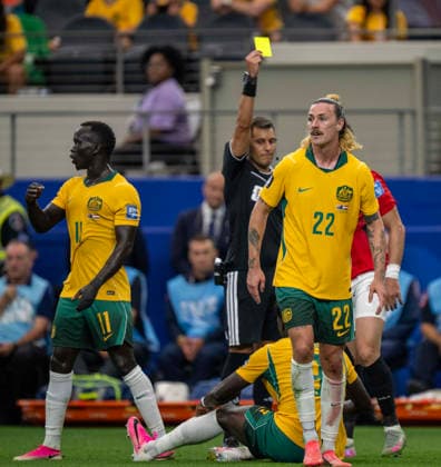 July 3, 2026, Arlington, Texas, USA: Australia players 11 Mid AWER MABIL and 22 Mid JACKSON IRVINE with the yellow card against Egypt Arlington USA - ZUMAm147 20260703_zap_m147_036 Copyright: xHossxMcBainx