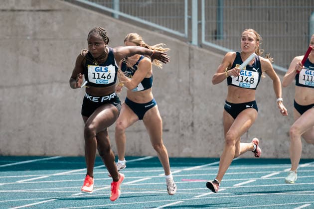 Mokobe Judith Bilepo (USC Mainz, 1146, 4x100m Staffel Frauen), Schmitz Mia Louisa (StG USC Mainz LC Bingen, 1148, 4x100m Staffel Frauen), GER, Leichtathletik, Athletics, Deutsche Meisterschaften U18 U23, Wattenscheid, 03.07.2026, GER, Leichtathletik, Athletics, Deutsche Meisterschaften U18 U23, Wattenscheid, 03.07.2026 Wattenscheid *** Mokobe Judith Bilepo, USC Mainz, 1146, Women s 4x100m Relay, Schmitz Mia Louisa StG, USC Mainz LC Bingen, 1148, Women s 4x100m Relay, GER, Track and Field, Athletics, German U18 and U23 Championships, Wattenscheid, July 3, 2026, GER, Track and Field, Athletics, German U18 and U23 Championships, Wattenscheid, July 3, 2026, Wattenscheid Copyright: xStefanxMayerx EP_SMR