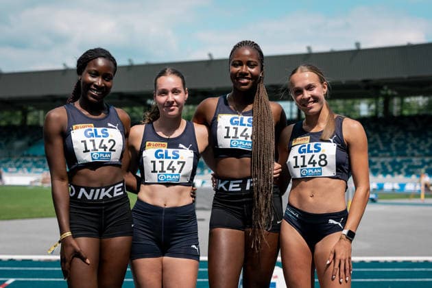 Amoikon Linda Zoe (StG USC Mainz LC Bingen, 1142, 4x100m Staffel Frauen), Schmitz Mara Sophie (StG USC Mainz LC Bingen, 1147, 4x100m Staffel Frauen), Schmitz Mia Louisa (StG USC Mainz LC Bingen, 1148, 4x100m Staffel Frauen), Mokobe Judith Bilepo (USC Mainz, 1146, 4x100m Staffel Frauen), GER, Leichtathletik, Athletics, Deutsche Meisterschaften U18 U23, Wattenscheid, 03.07.2026, GER, Leichtathletik, Athletics, Deutsche Meisterschaften U18 U23, Wattenscheid, 03.07.2026 Wattenscheid *** Amoikon Linda Zoe StG USC Mainz LC Bingen, 1142, Women s 4x100m Relay, Schmitz Mara Sophie StG USC Mainz LC Bingen, 1147, Women’s 4x100m Relay, Schmitz Mia Louisa StG USC Mainz LC Bingen, 1148, Women’s 4x100m Relay, Mokobe Judith Bilepo USC Mainz, 1146, Women’s 4x100m Relay, GER, Track and Field, Athletics, German U18 and U23 Championships, Wattenscheid, July 3, 2026, GER, Track and Field, Athletics, German U18 and U23 Championships, Wattenscheid, July 3, 2026, Wattenscheid Copyright: xStefanxMayerx EP_SMR