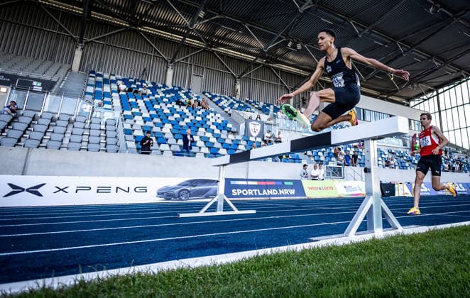 Deutsche Meisterschaften U23 U18; Bochum-Wattenscheid, 03.07.2026 Auf dem Weg zum Deutschen Meistertitel: Noah Cais (Laufgemeinschaft Wehringen) im 3000m-Hindernis-Finale der Junioren U23; Deutsche Meisterschaften U23 U18 am 03.07.2026 im Lohrheidestadion in Bochum-Wattenscheid (Nordrhein-Westfalen). *** German U23 and U18 Championships, Bochum and Wattenscheid, July 3, 2026: On the Way to the German Championship Title—Noah Cais of the Wehringen Running Club in the 3,000-meter steeplechase final at the U23 and U18 German Championships on July 3, 2026, at Lohrheidestadion in Bochum Wattenscheid, North Rhine-Westphalia Copyright: xBEAUTIFULxSPORTS R.xSchmittx