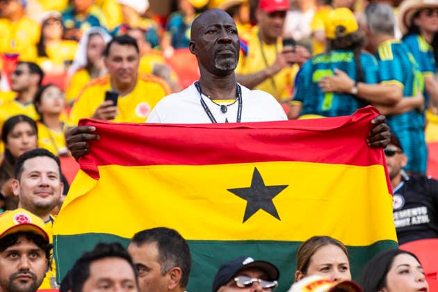 KANSAS CITY, MO - JULY 03: A Ghana fan displays the country™s flag during the FIFA World Cup, WM, Weltmeisterschaft, Fussball 2026 Round of 32 match between Colombia and Ghana on July 3, 2026 at the Kansas City Stadium in Kansas City, MO. (Photo by Nick Tre. Smith Icon Sportswire) SOCCER: JUL 03 FIFA World Cup 26 Round of 32 - Colombia v Ghana EDITORIAL USE ONLY Icon2607030784
