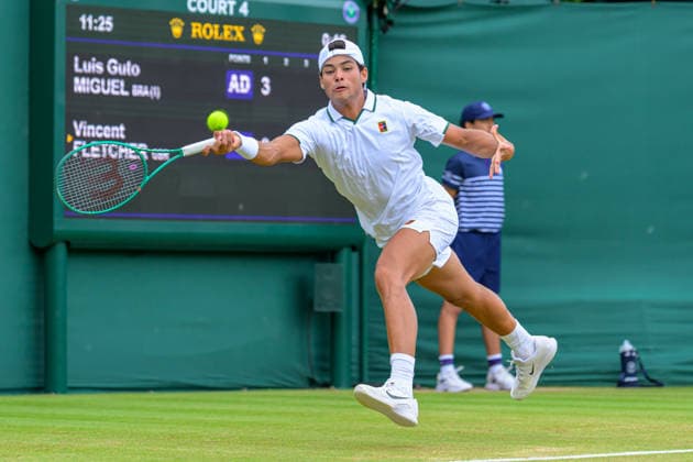 Day Six: The Championships - Wimbledon 2026 LONDON, ENGLAND JULY 04 - Luis Guto Miguel of Brazil during Boy’s Single First Round against Vincent Fletcher of Great Britain at The Wimbledon Lawn Tennis Championship at Wimbledon on July 04, 2026 in London, England. (Photo by Keeran Marquis)  Copyright: xKeeranxMarquis Fotoarena SPPx Sportspressphoto_SPR184610