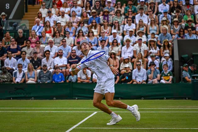 RECORD DATE NOT STATED 4th July 2026; All England Lawn Tennis and Croquet Club, London, England; Wimbledon Tennis Tournament, Day Six; Alex De Minaur (AUS) in action in his third round match against Zachary Svajda (USA) GodfreyxPitt