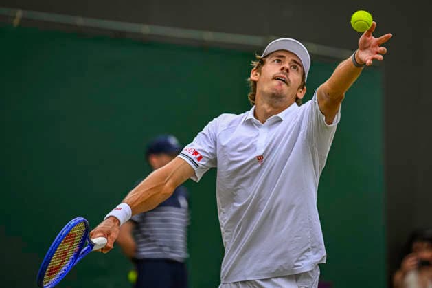 RECORD DATE NOT STATED 4th July 2026; All England Lawn Tennis and Croquet Club, London, England; Wimbledon Tennis Tournament, Day Six; Alex De Minaur (AUS) serves in his third round match against Zachary Svajda (USA) GodfreyxPitt