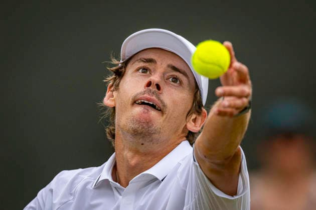 RECORD DATE NOT STATED 4th July 2026; All England Lawn Tennis and Croquet Club, London, England; Wimbledon Tennis Tournament, Day Six; Alex De Minaur (AUS) serves in his third round match against Zachary Svajda (USA) GodfreyxPitt