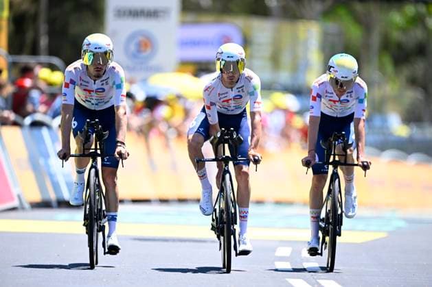 Tour de France 2026 Stage 1 BARCELONA, SPAIN - JULY 04 : Riders of Team TotalEnergies before the start of the race during stage 1 of the 113rd edition of Tour de France an UCI World Tour 2.UWT Team Time Trial stage for Men Elite of 19 km with start in Barcelona and finish in Barcelona on July 4, 2026 in Barcelona, Spain, 04 07 2026 Barcelona Spain  Copyright: xTomasxSiskx