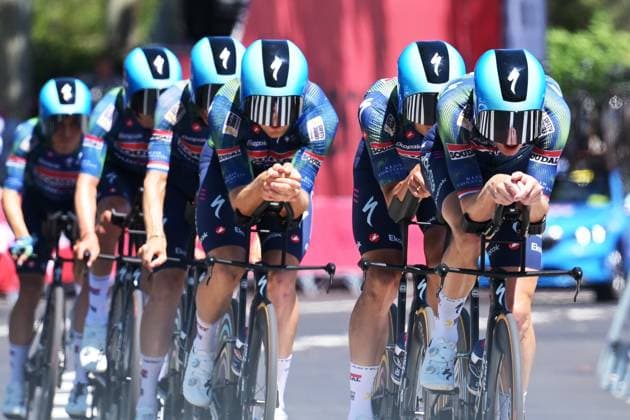 Soudal Quick-Step riders pictured during a training ahead of the first stage of the 2026 Tour de France cycling race, a team time trial of 19km with start and finish in Barcelona, Spain, Saturday 04 July 2026. The 113th edition of the Tour de France starts on Saturday 4 July in Barcelona, Spain, and will finish in Paris, France on the 26th of July. DAVIDxPINTENS  x180338656x
