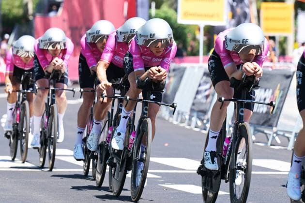 EF Education-EasyPost riders pictured during a training ahead of the first stage of the 2026 Tour de France cycling race, a team time trial of 19km with start and finish in Barcelona, Spain, Saturday 04 July 2026. The 113th edition of the Tour de France starts on Saturday 4 July in Barcelona, Spain, and will finish in Paris, France on the 26th of July. DAVIDxPINTENS  x180339243x