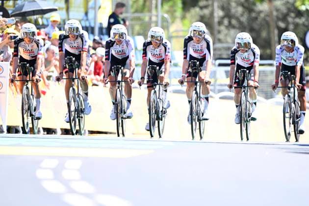 Tour de France 2026 Stage 1 BARCELONA, SPAIN - JULY 04 : Team UAE Emirates - XRG before the start of the race during stage 1 of the 113rd edition of Tour de France an UCI World Tour 2.UWT Team Time Trial stage for Men Elite of 19 km with start in Barcelona and finish in Barcelona on July 4, 2026 in Barcelona, Spain, 04 07 2026 Barcelona Spain  Copyright: xTomasxSiskx