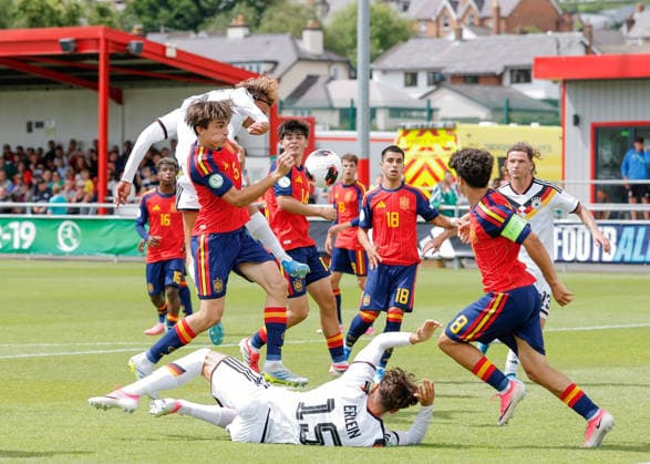 Denbighshire, Wales, 4th July 2026. Luis Engelns of Germany heads the ball towards goal during the Spain U19 vs Germany U19 UEFA European U19 Championship match at Central Park, Denbighshire. Picture credit should read: Cody Froggatt Sportimage EDITORIAL USE ONLY. No use with unauthorised audio, video, data, fixture lists, club league logos or live services. Online in-match use limited to 120 images, no video emulation. No use in betting, games or single club league player publications. SPI_011_CF_SPAIN_U19_V_GERMANY_U19 SPI-4852-0011