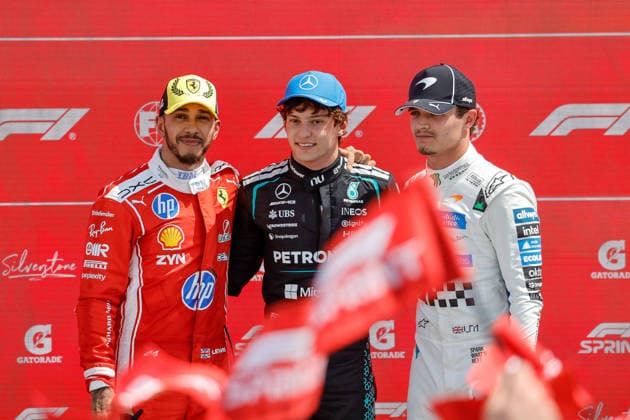 F1 - BRITISH GRAND PRIX 2026 HAMILTON Lewis (gbr), Scuderia Ferrari SF-26, portrait, KIMI ANTONELLI Andrea (ita), Mercedes AMG F1 Team W16, portrait, NORRIS Lando (gbr), McLaren F1 Team MCL40, portrait podium celebration during the Formula 1 British Grand Prix 2026, 9th round of the 2026 Formula One World Championship, WM, Weltmeisterschaft from July 3 to 5, 2026 on the Silverstone Circuit, in Silverstone, United Kingdom - SilverstoneUnited Kingdom  Copyright: xPauloxMariax