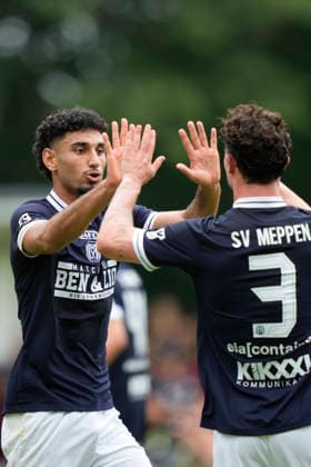 04.07.2026, Stadion, Riddergoar 1, 49824 Laar, GER, Fußball, 3. Liga: Blitzturnier: SV Meppen testet gegen zwei niederländische Clubs, SVM vs FC Emmen, Kasra Ghawilu (SV Meppen 10) und Tobias Mißner (SV Meppen 3) jubeln DFL REGULATIONS PROHIBIT ANY USE OF PHOTOGRAPHS AS IMAGE SEQUENCES AND OR QUASI-VIDEO. 49824 Laar Niedersachsen Deutschland Stadion, Riddergoar 1 *** July 4, 2026, Stadium, Riddergoar 1, 49824 Laar, GER, Soccer, 3rd Division Blitz Tournament: SV Meppen faces two Dutch clubs, SVM vs. FC Emmen, Kasra Ghawilu (SV Meppen 10) and Tobias Mißner (SV Meppen 3) celebrate. DFL REGULATIONS PROHIBIT ANY USE OF PHOTOGRAPHS AS IMAGE SEQUENCES AND OR QUASI-VIDEO. 49824 Laar, Lower Saxony, Germany, Stadium, Riddergoar 1