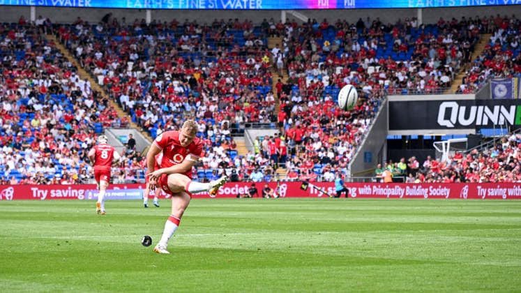 RECORD DATE NOT STATED 4th July 2026; Cardiff City Stadium, Cardiff, Wales; 2026 Nations Championship Rugby, Fiji versus Wales; Sam Costelow of Wales kicks for conversion AledxHopkins