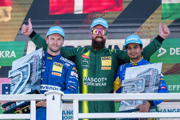 04.07.2026, GER, Motorsport, ADAC DTM, Saison 2026, Norisring Nicki Thiim ( Dänemark, Comtoyou Racing, Aston Martin Vantage GT3, 007 ), Maro Engel ( Deutschland, Mercedes-AMG Team Ravenol, Mercedes-AMG GT3, 80 ) und Arjun Maini ( Indien, Haupt Racing Team HRT, Ford Mustang GT3, 36 ) feiern auf dem Podium *** July 4, 2026, GER, Motorsports, ADAC DTM, 2026 Season, Norisring: Nicki Thiim (Denmark), Comtoyou Racing, Aston Martin Vantage GT3, 007; Maro Engel (Germany), Mercedes AMG Team Ravenol, Mercedes AMG GT3, 80; and Arjun Maini (India), Haupt Racing Team HRT, Ford Mustang GT3, 36, celebrate on the podium nordphotoxGmbHx xKnab NP_0100