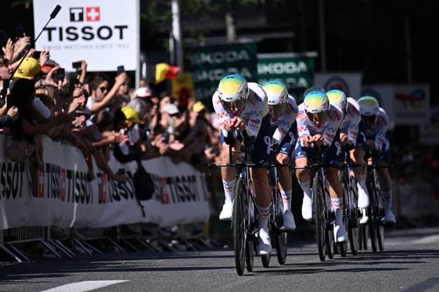Tour de France 2026 Stage 1 BARCELONA, SPAIN - JULY 04 : Team TotalEnergies in action during stage 1 of the 113rd edition of Tour de France an UCI World Tour 2.UWT Team Time Trial stage for Men Elite of 19 km with start in Barcelona and finish in Barcelona on July 4, 2026 in Barcelona, Spain, 04 07 2026 Barcelona Spain  Copyright: xPetexGodingx
