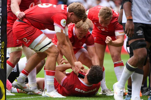 RECORD DATE NOT STATED 4th July 2026; Cardiff City Stadium, Cardiff, Wales; 2026 Nations Championship Rugby, Fiji versus Wales; Wales team rush Eddie James as his scores a try in the final minute of the game to seal a Wales win AledxHopkins