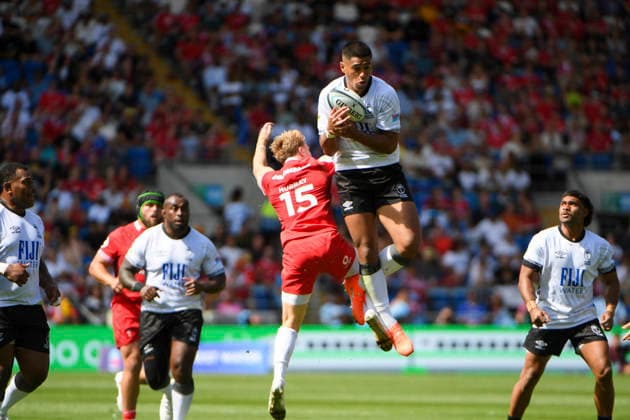 RECORD DATE NOT STATED 4th July 2026; Cardiff City Stadium, Cardiff, Wales; 2026 Nations Championship Rugby, Fiji versus Wales; Blair Murray of Wales, and Salesi Rayasi of Fiji jumps up to try and capture the ball AledxHopkins