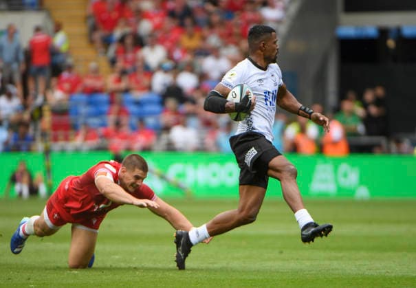 RECORD DATE NOT STATED 4th July 2026; Cardiff City Stadium, Cardiff, Wales; 2026 Nations Championship Rugby, Fiji versus Wales; Joe Hawkins of Wales, tackles Jiuta Wainiqolo of Fiji AledxHopkins