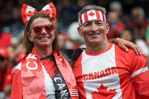 HOUSTON, TX - JULY 04: Canada fans in the stands decked out in Canada gear ahead of the FIFA World Cup, WM, Weltmeisterschaft, Fussball 2026 Round of 16 match between Canada and Morocco on July 4, 2026, at Houston Stadium in Houston, Texas. (Photo by David Buono Icon Sportswire) SOCCER: JUL 04 FIFA World Cup 26 Round of 16 - Canada vs Morocco EDITORIAL USE ONLY Icon260704003