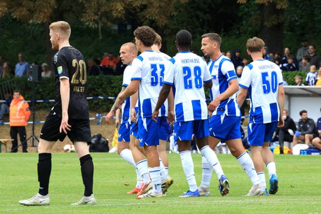DEU, DFL, 2. FBL, Frohnauer SC vs Hertha BSC, 04.07.2026, Frohnau, Berlin, DEU, DFL, 2. FBL, Frohnauer SC vs Hertha BSC, 1:0 durch Jon Dabur Thorsteinsson (Hertha BSC Berlin 24), Sebastian Groenning (Hertha BSC Berlin 17) DFL - regulations prohibit any use of Photographs as image sequences and or quasi-video *** GER, DFL, 2nd Bundesliga, Frohnauer SC vs. Hertha BSC, July 4, 2026, Frohnau, Berlin, GER, DFL, 2nd FBL, Frohnauer SC vs. Hertha BSC, 1–0 by Jon Dabur Thorsteinsson (Hertha BSC Berlin 24), Sebastian Groenning (Hertha BSC Berlin 17). DFL regulations prohibit any use of photographs as image sequences and or quasi-video. nordphotoxGmbHx xEngler nph00076
