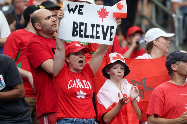 HOUSTON, TX - JULY 04: A Canada fan holds up a We Believe sign before the FIFA World Cup, WM, Weltmeisterschaft, Fussball 2026 Round of 16 match between Canada and Morocco on July 4, 2026, at Houston Stadium in Houston, Texas. (Photo by David Buono Icon Sportswire) SOCCER: JUL 04 FIFA World Cup 26 Round of 16 - Canada vs Morocco EDITORIAL USE ONLY Icon260704008