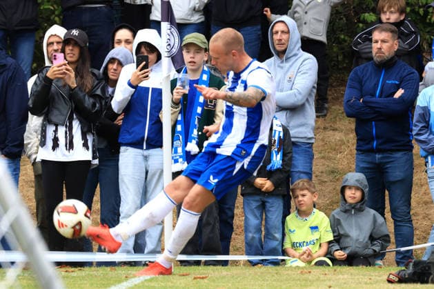 DEU, DFL, 2. FBL, Frohnauer SC vs Hertha BSC, 04.07.2026, Frohnau, Berlin, DEU, DFL, 2. FBL, Frohnauer SC vs Hertha BSC, Jon Dabur Thorsteinsson (Hertha BSC Berlin 24) DFL - regulations prohibit any use of Photographs as image sequences and or quasi-video *** DEU, DFL, 2nd FBL, Frohnauer SC vs. Hertha BSC, July 4, 2026, Frohnau, Berlin, DEU, DFL, 2nd Regional League, Frohnauer SC vs. Hertha BSC, Jon Dabur Thorsteinsson, Hertha BSC Berlin 24. DFL regulations prohibit any use of photographs as image sequences and or quasi-video. nordphotoxGmbHx xEngler nph00076