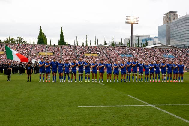 July 4, 2026, Tokyo, Japan: Italian rugby players sing the national anthem before the Nations Championship 2026 between Japan and Italy at Prince Chichibu Memorial Rugby Stadium in Tokyo. Japan defeats Italy 27-10. Tokyo Japan - ZUMAm191 20260704_aap_m191_029 Copyright: xRodrigoxReyesxMarinx