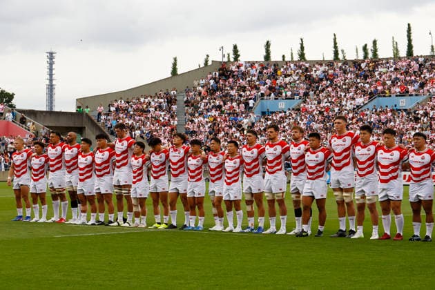 July 4, 2026, Tokyo, Japan: Japanese rugby players sing the national anthem before the Nations Championship 2026 between Japan and Italy at Prince Chichibu Memorial Rugby Stadium in Tokyo. Japan defeats Italy 27-10. Tokyo Japan - ZUMAm191 20260704_aap_m191_031 Copyright: xRodrigoxReyesxMarinx