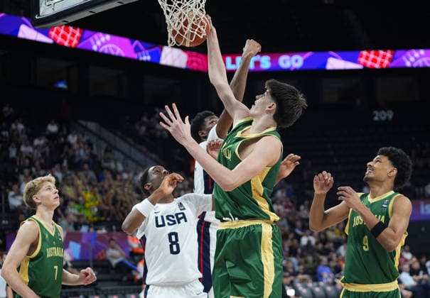 USA v Australia - FIBA U17, U 17 Basketball World Cup ISTANBUL, TURKIYE - JULY 04: United States Jordan Page (8) and Australia s Yahya Basaran (2nd R) compete for the ball during the FIBA Under-17 Basketball World Cup semifinal match at the Basketball Development Center in Istanbul, Turkiye, on July 4, 2026. Esra Bilgin Anadolu Istanbul Turkey. Editorial use only. Please get in touch for any other usage.  Copyright: x2026xAnadoluxEsraxBilginx