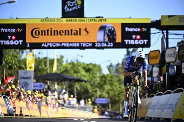 Dutch Mathieu van der Poel of Alpecin-Premier Tech crosses the finish line of the first stage of the 2026 Tour de France cycling race, a team time trial of 19km with start and finish in Barcelona, Spain, Saturday 04 July 2026. The 113th edition of the Tour de France starts on Saturday 4 July in Barcelona, Spain, and will finish in Paris, France on the 26th of July. JASPERxJACOBS  x180364422x