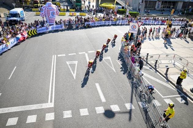 Uno-X Mobility riders pictured in action during the first stage of the 2026 Tour de France cycling race, a team time trial of 19km with start and finish in Barcelona, Spain, Saturday 04 July 2026. The 113th edition of the Tour de France starts on Saturday 4 July in Barcelona, Spain, and will finish in Paris, France on the 26th of July. DAVIDxPINTENS  x180364748x
