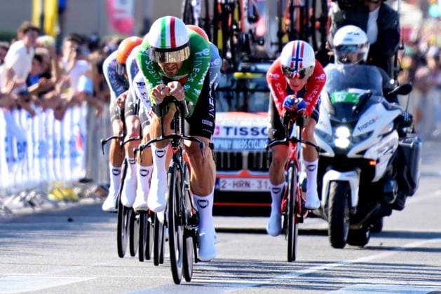 Italian Filippo Ganna of Netcompany-INEOS pictured in action during the first stage of the 2026 Tour de France cycling race, a team time trial of 19km with start and finish in Barcelona, Spain, Saturday 04 July 2026. The 113th edition of the Tour de France starts on Saturday 4 July in Barcelona, Spain, and will finish in Paris, France on the 26th of July. DAVIDxPINTENS  x180365775x