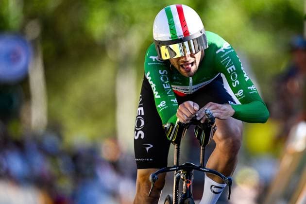 Italian Filippo Ganna of Netcompany-INEOS crosses the finish line of the first stage of the 2026 Tour de France cycling race, a team time trial of 19km with start and finish in Barcelona, Spain, Saturday 04 July 2026. The 113th edition of the Tour de France starts on Saturday 4 July in Barcelona, Spain, and will finish in Paris, France on the 26th of July. JASPERxJACOBS  x180368005x