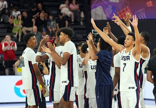USA v Australia - FIBA U17, U 17 Basketball World Cup ISTANBUL, TURKIYE - JULY 04: Players of United States celebrate their victory at the end of the FIBA Under-17 Basketball World Cup match between USA and Australia at the Basketball Development Center in Istanbul, Turkiye, on July 4, 2026. Esra Bilgin Anadolu Istanbul Turkey. Editorial use only. Please get in touch for any other usage.  Copyright: x2026xAnadoluxEsraxBilginx