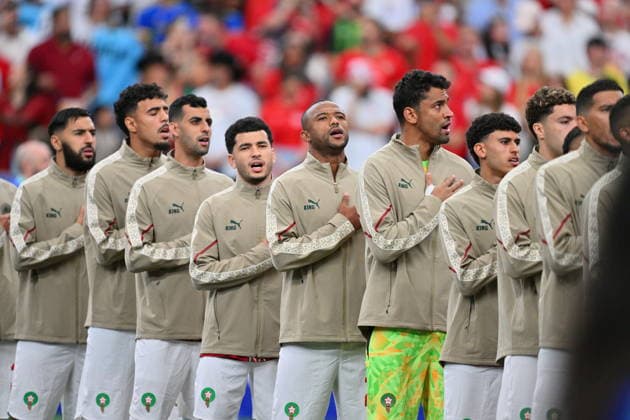 FIFA World Cup, WM, Weltmeisterschaft, Fussball 2026 - Round of 16 - Canada vs Morocco Players of Morocco during the national anthem ahead of the FIFA World Cup 2026 Round of 16 match Canada against Morocco, in Houston, USA, 04 July 2026. HOUSTON United States  Copyright: xSAMxWASSONx