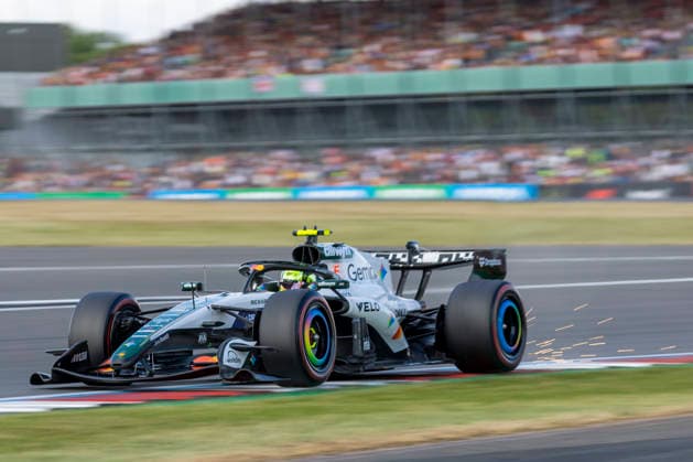 RECORD DATE NOT STATED 4th July 2026; Silverstone Circuit, Northamptonshire, England; FIA Formula 1 2026 British F1 Grand Prix; Sprint and Qualifying Day; Sparks fly from Lando Norris in his McLaren Mastercard F1 Team McLaren-Mercedes MCL40 Mercedes-AMG F1 M17 during qualifying TimxWilliams