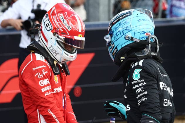 F1 British Grand Prix 2026 Qualifying Charles Leclerc of Ferrari and George Russell of Mercedes after qualifying ahead of the Formula 1 British Grand Prix at Silverstone Circuit in Northampton, Great Britain on July 4, 2026. Northampton United Kingdom  Copyright: xJakubxPorzyckix originalFilename:porzycki-f1britis260704_npKob.jpg